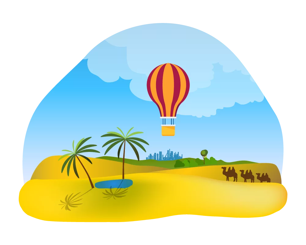 Ein Heißluftballon fliegt über einer Wüste.