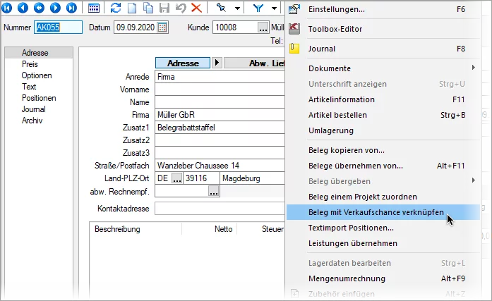 Beleg mit Verkaufschance in der Warenwirtschaft verknüpfen