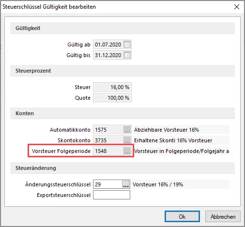 Vorsteuer Folgeperiode in der Steuerschlüsselposition