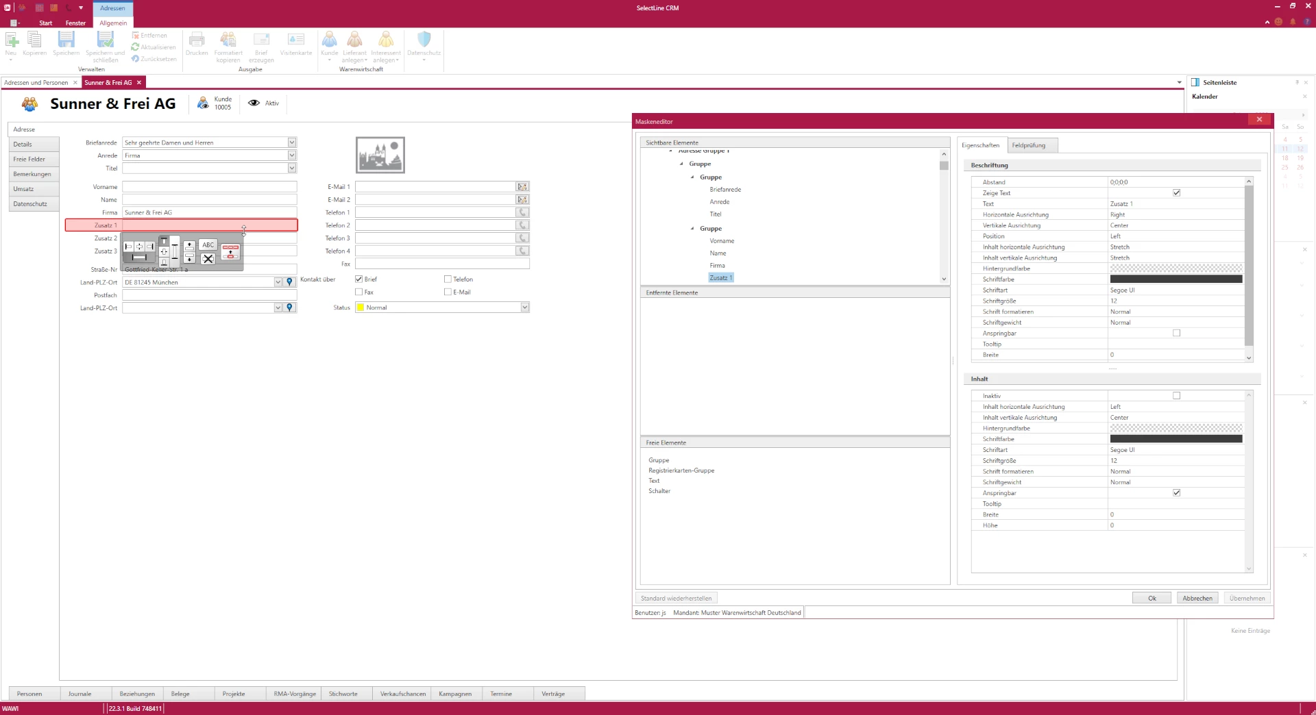 Screenshot der Anpassungsmöglichkeiten im SelectLine CRM