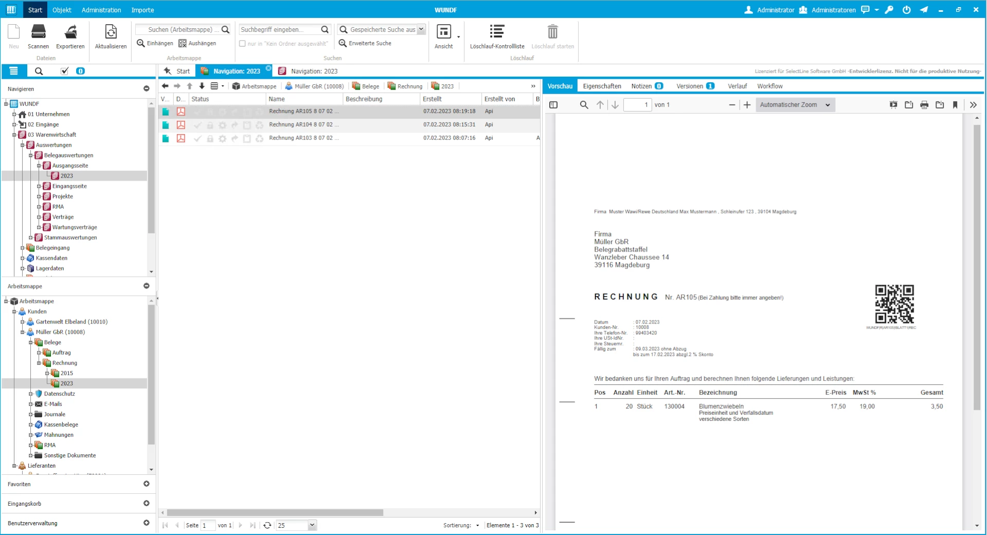 Screenshots des Ordnersystems in der Arbeitsmappe vom SelectLine DMS