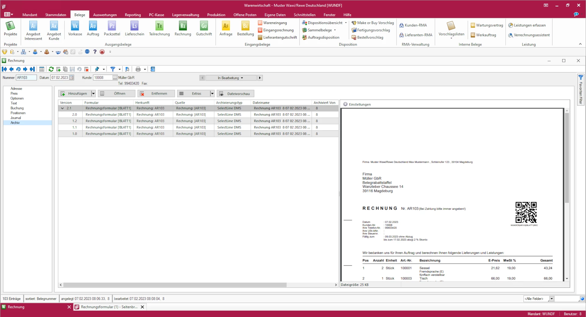 Screenshot einer im SelectLine DMS archivierten Rechnung angezeigt in der SelectLine Warenwirtschaft