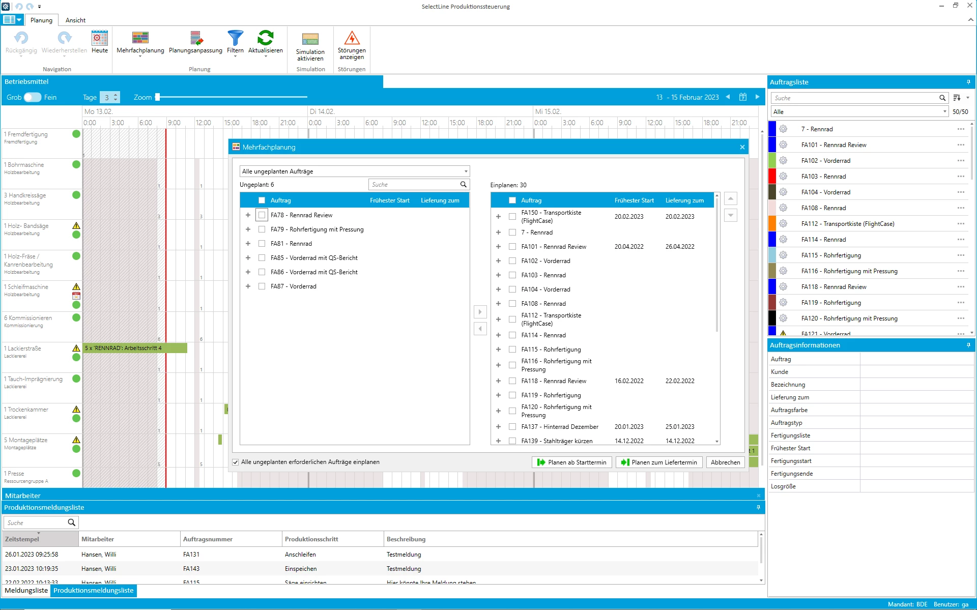 Screenshot der Planung von Fertigungsaufträgen inklusive Mehrfachplanung in der SelectLine Produktionssteuerung
