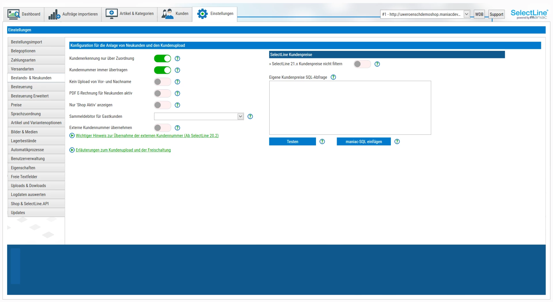 Screenshot der Einstellung Bestands- & Neukundenupload aus der Shopware Schnittstelle