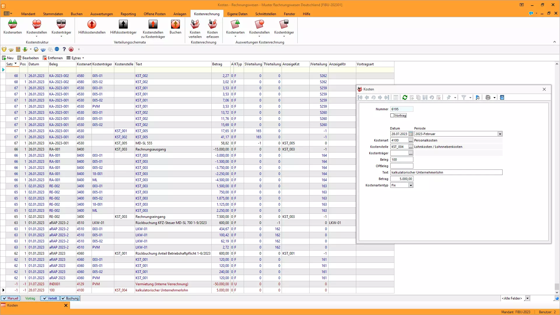 Screenshot aus der Kostenrechnung im SelectLine Rechnungswesens
