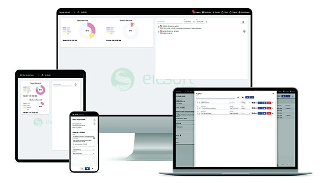 Verschiedene Geräte, darunter Smartphones, ein Tablet und ein Laptop, zeigen die vielseitige eicssoftTiRex App der Firma eicssoft GmbH für die Erfassung von Tickets und Dienstleistungen.
