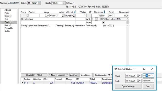 Screenshot der Schnittstellensoftware timeCard zu SelectLine der Schmer.IT GmbH mit geöffneten Fenstern zur Projektaufzeichnung und Auftragserstellung
