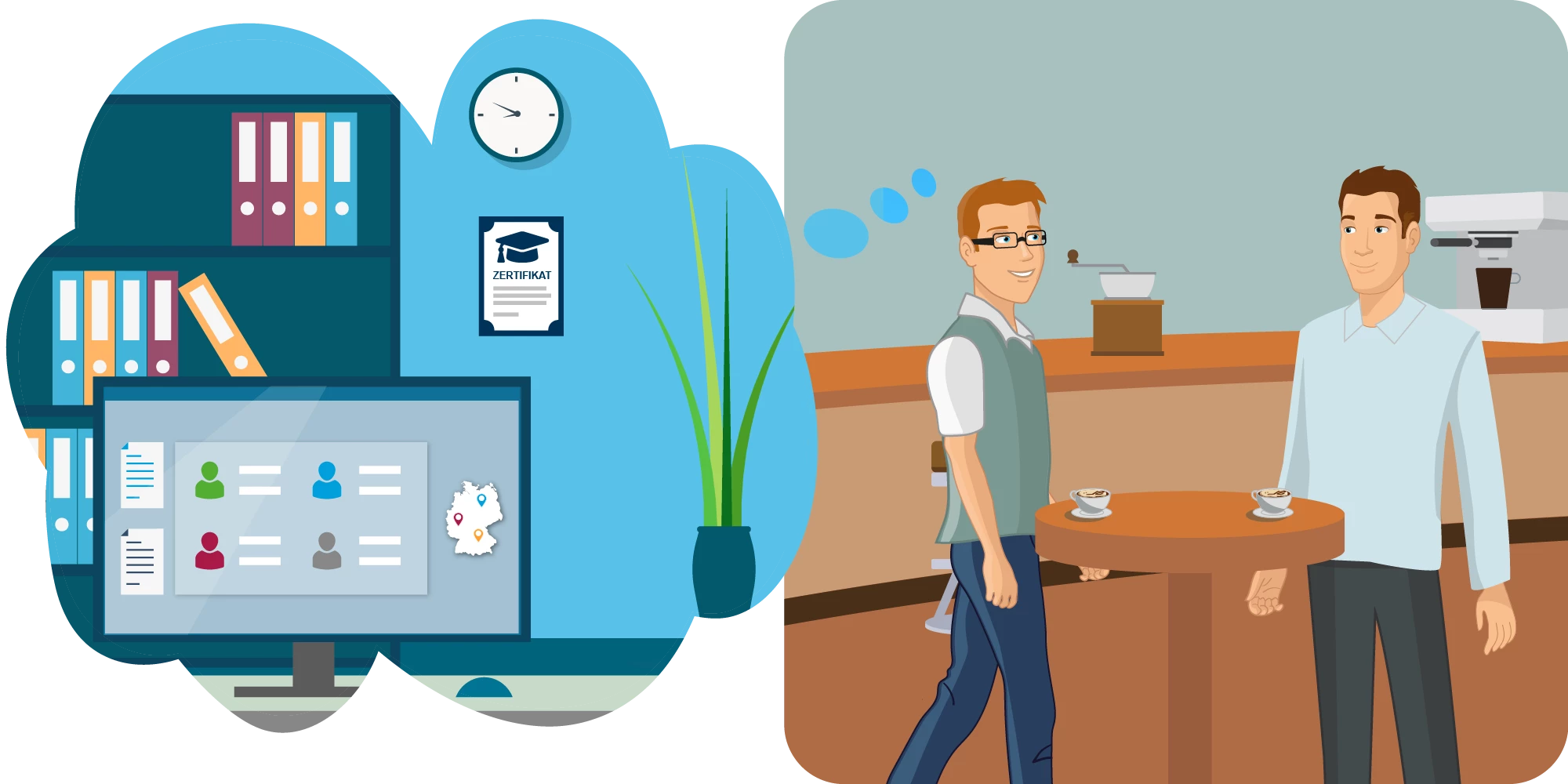 Zwei lächelnde Männer treffen sich in einem Café. Zu einem führt eine Gedankenblase in der ein aufgeräumtes Büro zu sehen ist, mit einer geöffneten CRM-Software, die den Vertrieb optimiert und einem Zertifikat an der Wand.