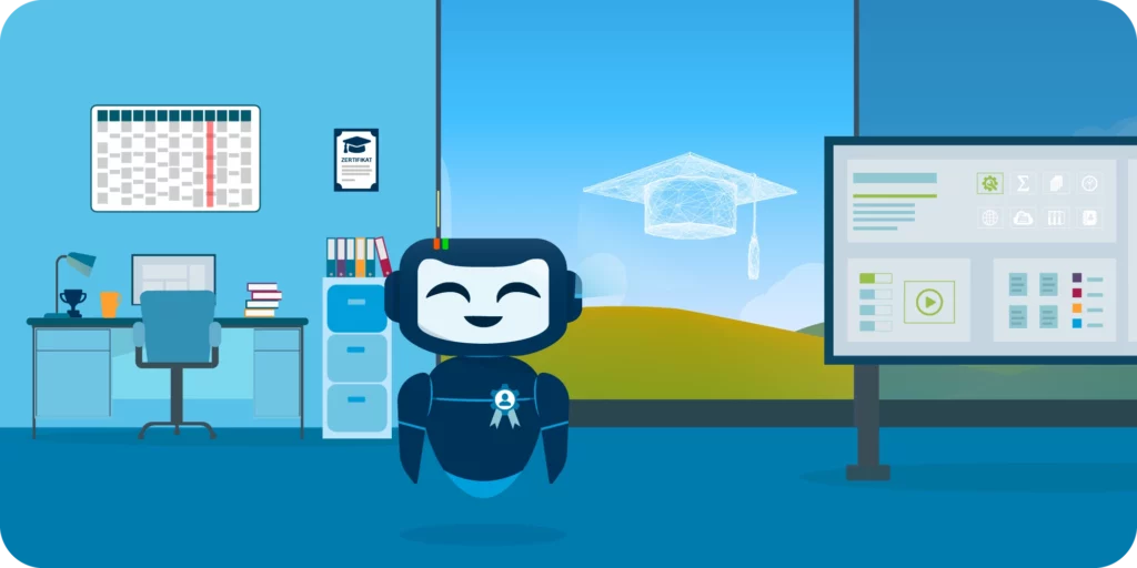 Illustration eines Büroinnenraums mit dem Roboter Cody, Büromöbeln und Informationsbildschirmen zum Thema Schulungen.