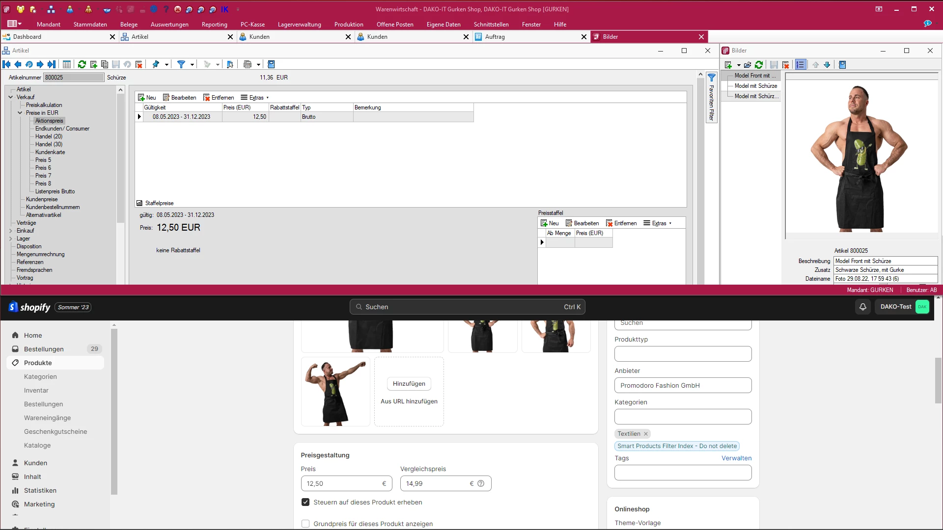 Screenshot der Preissteuerung über die Warenwirtschaft und Shopify