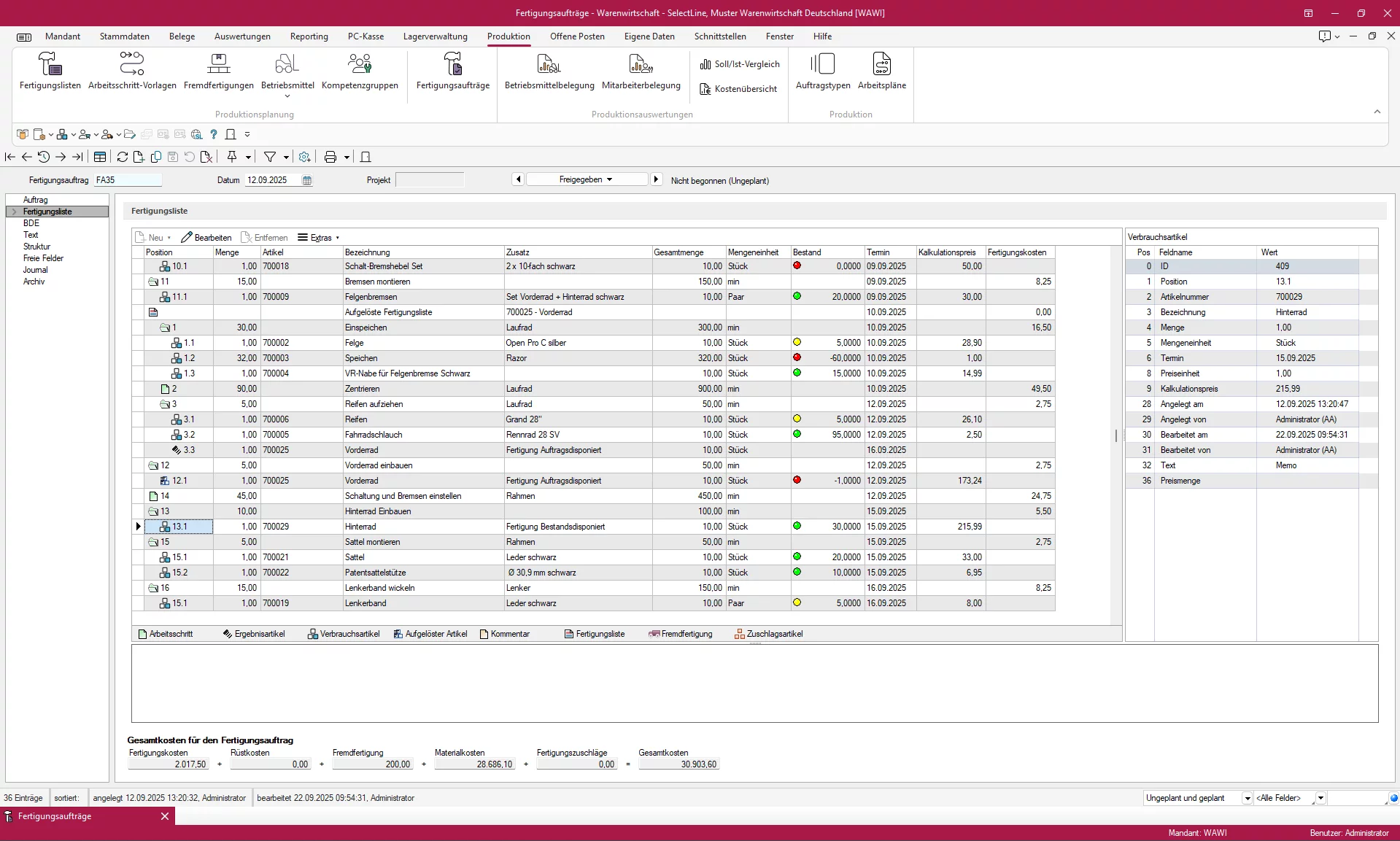 Screenshot des Fertigungsauftrags in der SelectLine Produktionsplanung