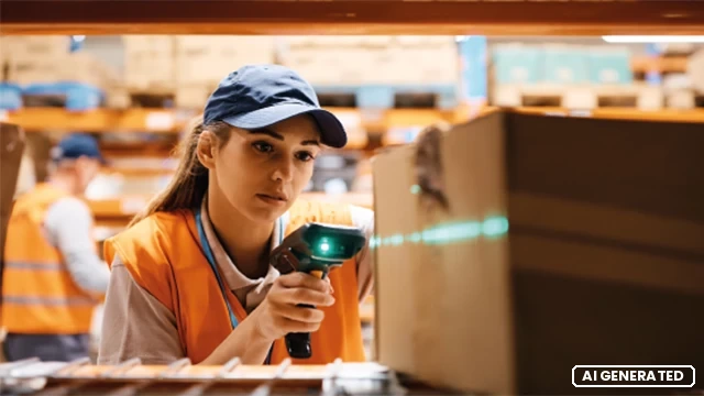 Lagermitarbeiterin scannt Pakete mit einem Barcode-Scanner, um die Funktionalität des BelegCheckers der cotec it-systeme GmbH zu illustrieren.