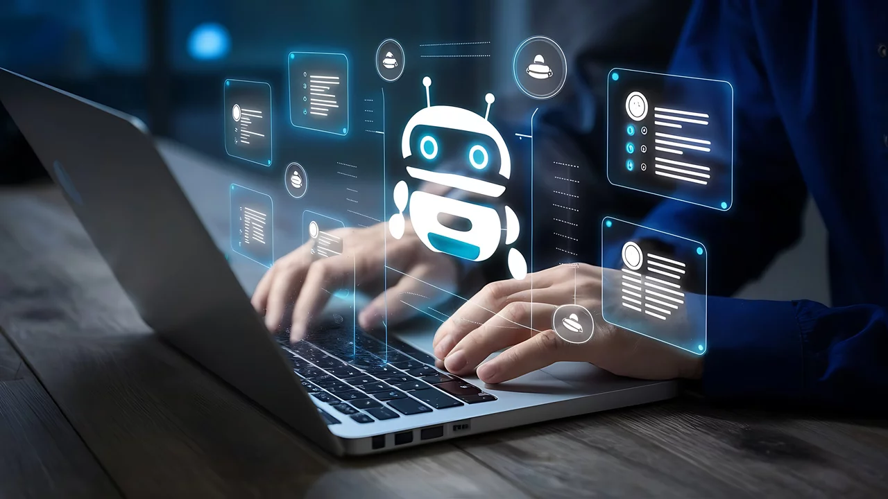 Person arbeitet an einem Laptop, darüber schwebende Chatbot- und Interface-Elemente als Symbol für KI-gestützte Unterstützung.