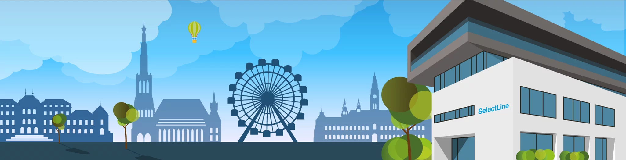 Wiener Wahrzeichen und der SelectLine Firmensitz in Schwanenstadz / Österreich im Comicstil